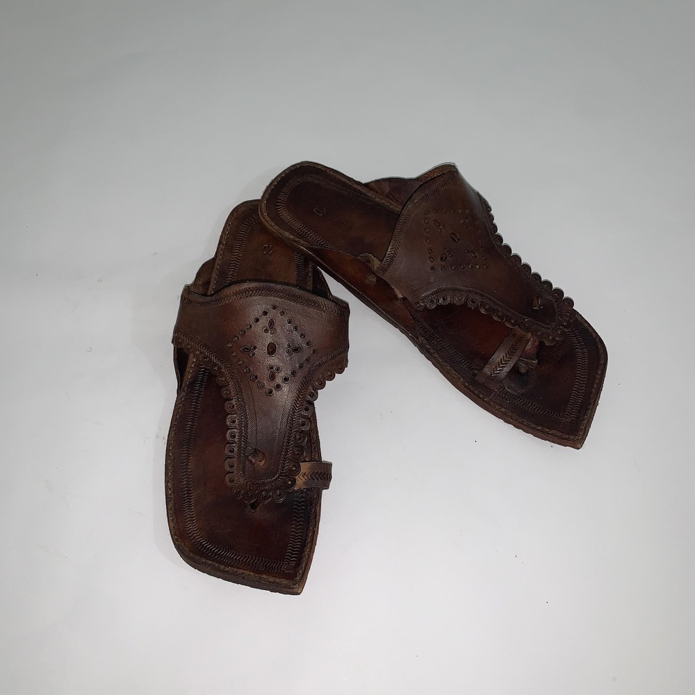 Handmade Kolhapuri Sandals Mens Size 10 Brown Leather Thong  Ethnic Boho Shoes